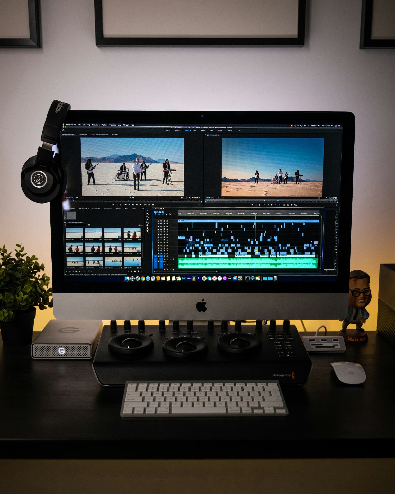 Selmar Pigge's workspace with iMac, headphones and video editing software